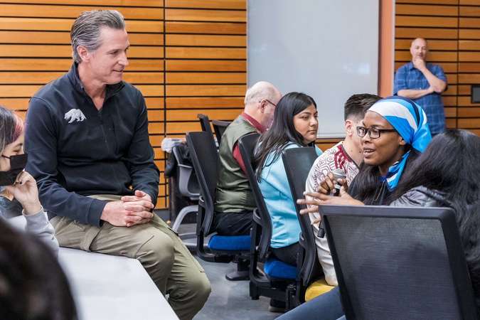 California Governor Gavin Newsom talks with students in a UC Merced political science class Monday. Nov. 7, 2022